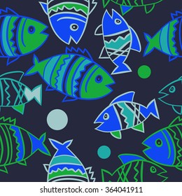 Composition of  seamless pattern, doodles, fishes, zigzag,spots, hole. Hand drawn.