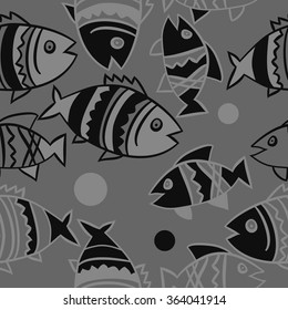 Composition of  seamless pattern, doodles, fishes, zigzag,spots, hole. Hand drawn.
