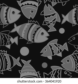 Composition of  seamless pattern, doodles, fishes, zigzag,spots, hole. Hand drawn.