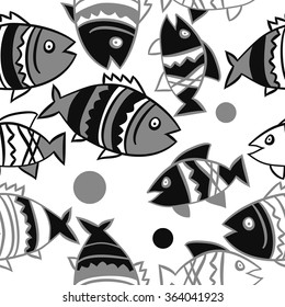 Composition of  seamless pattern, doodles, fishes, zigzag,spots, hole. Hand drawn.