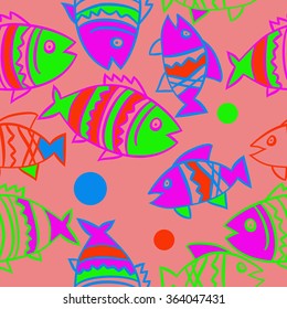 Composition of  seamless pattern, doodles, fishes, zigzag,spots, hole. Hand drawn.