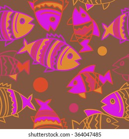 Composition of  seamless pattern, doodles, fishes, zigzag,spots, hole. Hand drawn.