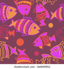 Composition of  seamless pattern, doodles, fishes, zigzag,spots, hole. Hand drawn.