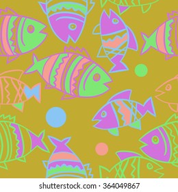 Composition of  seamless pattern, doodles, fishes, zigzag,spots, hole. Hand drawn.