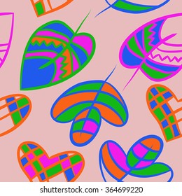 Composition of  seamless pattern, doodles, hearts,leaves,spots, floral ornament, hole. Hand drawn.