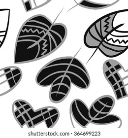 Composition of  seamless pattern, doodles, hearts,leaves,spots, floral ornament, hole. Hand drawn.
