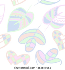 Composition of  seamless pattern, doodles, hearts,leaves,spots, floral ornament, hole. Hand drawn.