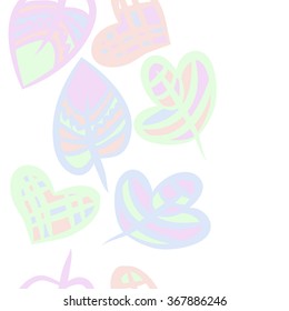 Composition of  seamless pattern, doodles,zigzag, vertical, hole,hearts, leaves, copy space. Hand drawn.