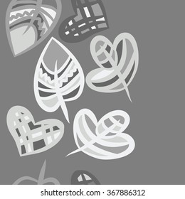 Composition of  seamless pattern, doodles,zigzag, vertical, hole,hearts, leaves, copy space. Hand drawn.