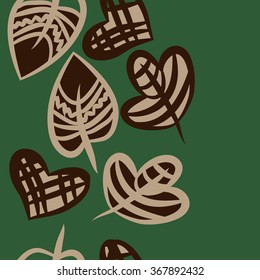 Composition of  seamless pattern, doodles,zigzag, vertical, hole,hearts, leaves, copy space. Hand drawn.