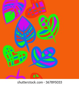 Composition of  seamless pattern, doodles,zigzag, vertical, hole,hearts, leaves, copy space. Hand drawn.