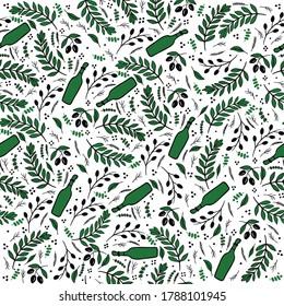 Composition seamless pattern with leaves olives herbs spices bottle oil green black brown