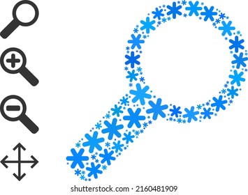 Icono de búsqueda de composición hecho para invierno, Año Nuevo, Navidad. El mosaico de iconos de búsqueda está construido con copos de nieve azul claro. Se agregan algunos iconos similares.