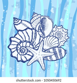 Composition of seashells on a sea background. Dot design.