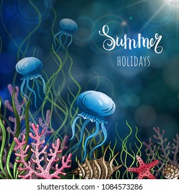 Composition of seashells, starfish, jellyfish. Underwater world. Sea background. Vector illustration.
