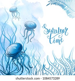 Composition of seashells, starfish, jellyfish. Underwater world. Sea background. Vector illustration.