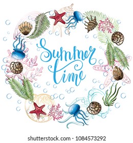 Composition of seashells, starfish, jellyfish. Underwater world. Sea background. Vector illustration.