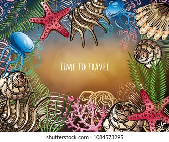 Composition of seashells, starfish, jellyfish. Underwater world. Sea background. Vector illustration.