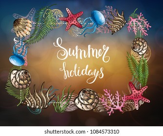 Composition of seashells, starfish, jellyfish. Underwater world. Sea background. Vector illustration.