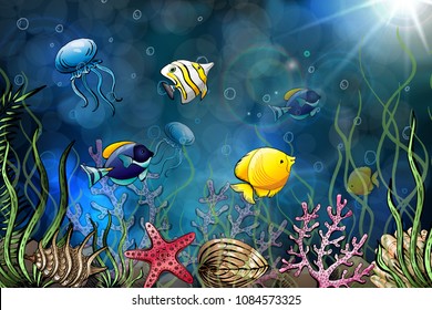 Composition of seashells, starfish, jellyfish. Underwater world. Sea background. Vector illustration.