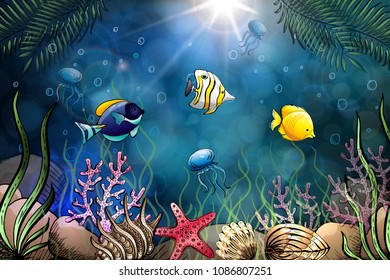 Composition of seashells, starfish, jellyfish. Underwater world. Sea background. Vector illustration.
