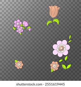 Composition of seashells and tropical plants and flowers, vector illustration