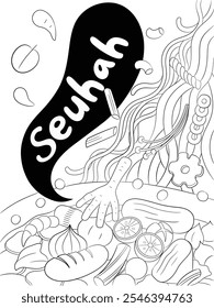 The Composition of Seblak Crisp Soup form West Java Indonesia Black and White Vector Line Art Illustration