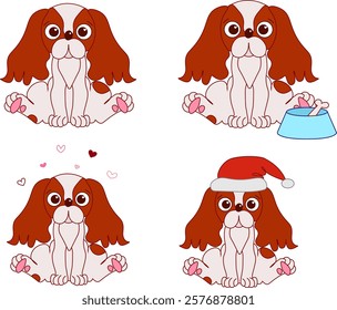 Composition set of Cavalier King Charles Spaniel sitting with santa hat, hearts, bowl and bone. Graphic line vector illustration
