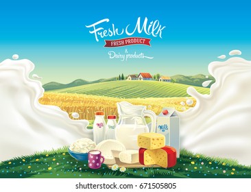 A composition from a set of dairy products, a landscape and splash from milk, and label inscriptions