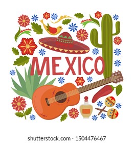 Composition, set of elements, Mexico, mexican style, sombrero, red pepper, guitar, cactus, flowers, white background, flat style, vector illustration