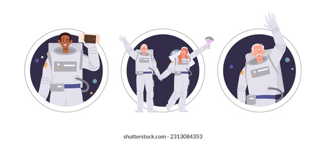 Composition set of female and male cosmonaut characters celebrating successful outer space travel