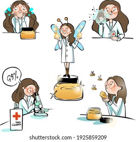 Composition set with pretty young women, natural organic honey cosmetics in skin care jars. Set for everyday skin care. Hand antiseptic. Cartoon flat vector illustration.