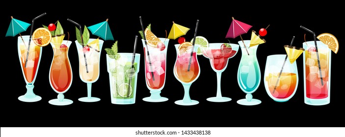 Composition set with summer tropical refreshment cocktails. Vector illustration