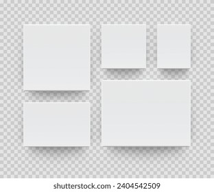 Composition of several different canvas wall displays hanging on the wall. White blank paper sheets with shadows isolated on transparent background. Realistic vector template for your design