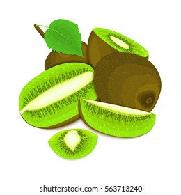 Composition of several kiwi. Ripe vector kiwifruits whole and slice appetizing looking. Group of tasty fruits colorful design for the packaging of juice breakfast, healthy eating, vegetarianism