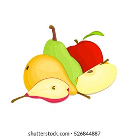 Composition of several pears and apples. Ripe vector fruits whole and slice appetizing looking. Group of tasty fruits for design the packaging of juice, breakfast, healthy eating, vegetarianism