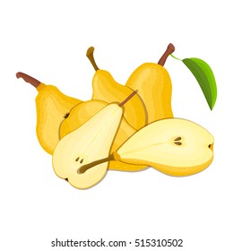 Composition of several pears. Yellow vector pear fruits whole and slice appetizing looking. Group of tasty fruits colorful design for the packaging of juice, breakfast, healthy eating, vegetarianism