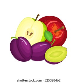 Composition of several plums and apples. Ripe vector fruits whole and slice appetizing looking. Group of tasty fruits for design the packaging of juice, breakfast, healthy eating, vegetarianism