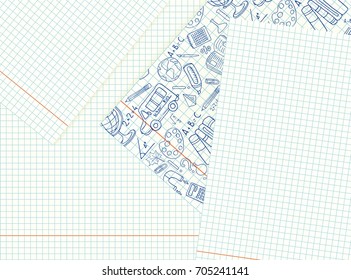 Composition of several sheets in a cage with doodle drawings painted with a pen. School theme Vector illustration. Paper for education