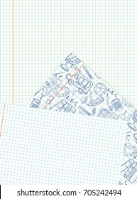 Composition of several sheets in a cage with doodle drawings painted with a pen. School theme Vector illustration. Paper for education
