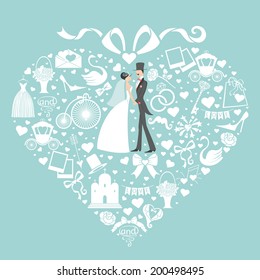 Composition in the shape of  heart with  bow on top.Set of  cute wedding items with  bride and groom. Design template wor wedding invitations.Retro vector
