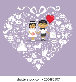Composition in the shape of  heart with  bow on top.Set of  cute wedding items with Asian baby bride and groom. Design template for wedding invitations.Retro vector