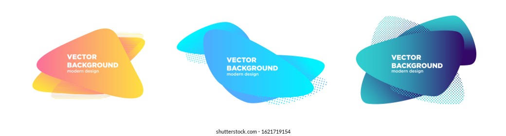Composition from shapes in trendy fluid colors. Set of graphic elements. Dynamical forms with modern gradients, abstract design for brochure, flyer or web landing pages. Vector, eps10