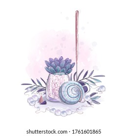 Composition with shell, succulent, incense stick leaves and pearls. Vector concept with accessories of sea spa and aromatherapy. Watercolor background.