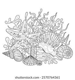 Composition of shells and seaweed.Coloring book antistress for children and adults. Illustration isolated on white background.Zen-tangle style. Hand draw