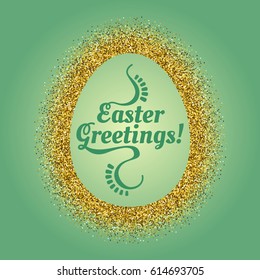 Composition with a shiny gold glitter frame around a big Easter egg with a congratulatory text inside. Celebration post card with border