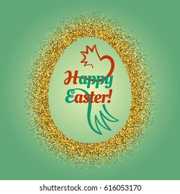 Composition with a shiny gold glitter frame around a big Easter egg with a congratulatory text and stilised chicken inside. Celebration post card with border