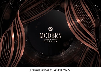 Composición con un marco redondo brillante y una onda dorada sobre un fondo negro.