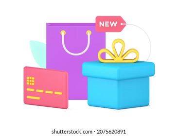 Composition of shopaholism, consumerism, buying or seasonal sale 3d icon isometric vector illustration. Festive new gift box with bow, shopping paper bag and credit card for e money buyer payment