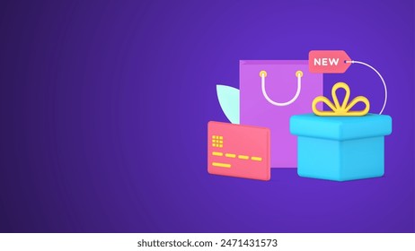 Composition of shopaholism, consumerism, buying or seasonal sale 3d icon isometric vector illustration. Festive new gift box with bow, shopping paper bag and credit card for e money buyer payment